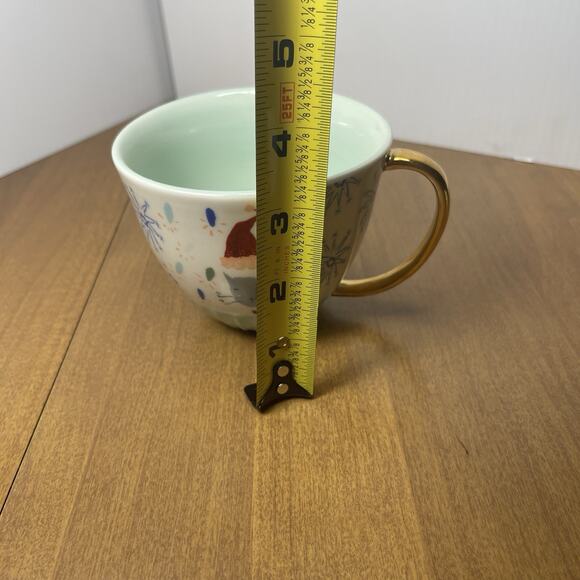 Anthropologie Mug Gray Cat Santa Hat Mint Cream Emily Isabella Gold Handle - Picture 8 of 9